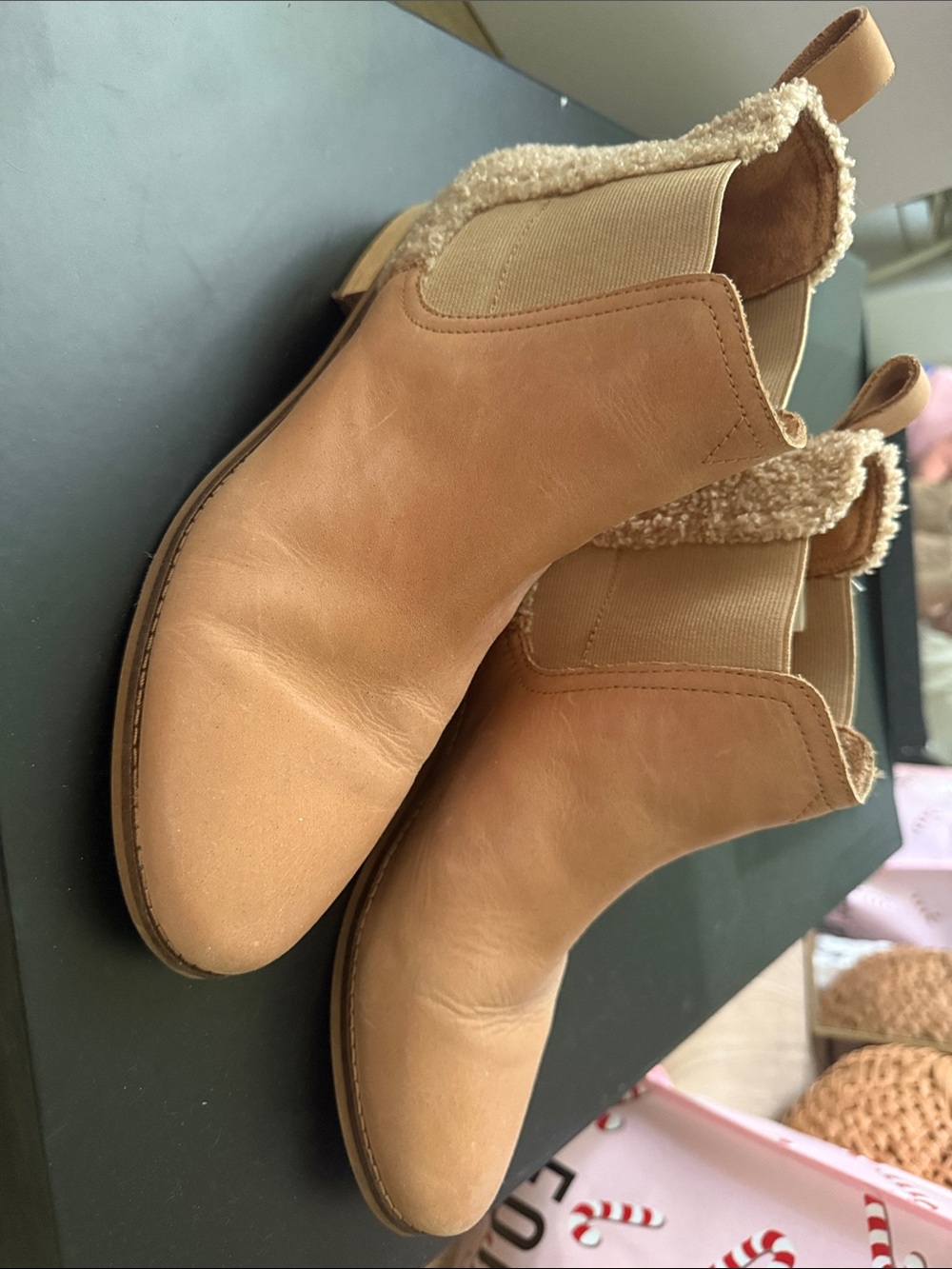 Toms Tan Chelsea Ankle Booties with Sherpa Collar